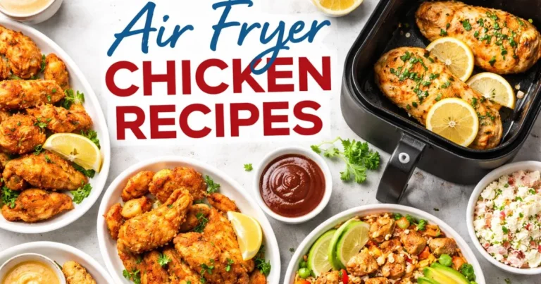 Air fryer chicken recipes with crispy chicken wings, tenders, and seasoned chicken breast served with dipping sauces