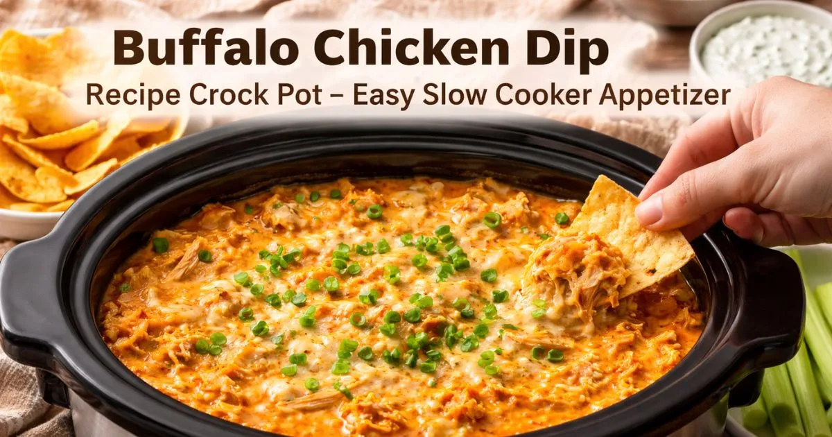Buffalo chicken dip recipe cooked in a crock pot as a creamy slow cooker appetizer