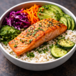 Salmon rice bowl with fresh vegetables and grilled salmon fillet