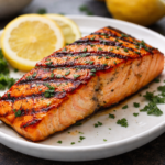 Pan seared salmon fillet cooked in a skillet with garlic butter