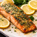 Oven baked salmon fillet topped with fresh herbs and lemon slices