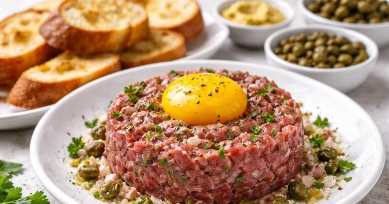 Classic steak tartare topped with raw egg yolk and served with toasted baguette slices