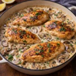 Creamy mushroom chicken cooked in a skillet with garlic and herbs