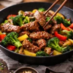beef stir fry with broccoli and bell peppers cooked in a savory sauce
