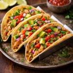 Chicken tacos filled with shredded chicken, avocado, and fresh vegetables
