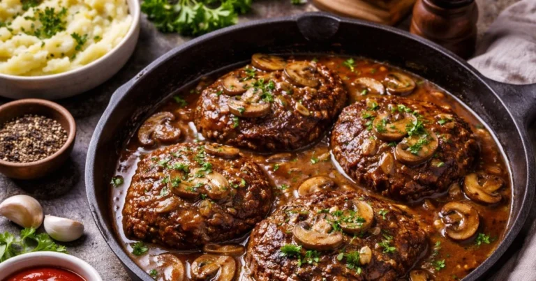 Hamburger steak recipe with juicy beef patties cooked in rich mushroom and onion gravy