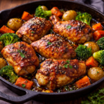 Honey garlic chicken cooked in a skillet with potatoes, broccoli, and carrots