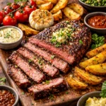 Sliced garlic butter steak served with roasted potatoes and sauces