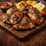 Grilled chicken pieces served on a wooden board with lemon and fresh herbs