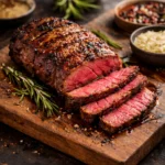 grilled beef steak sliced medium rare with garlic butter and rosemary