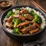 quick beef and broccoli stir fry served over white rice