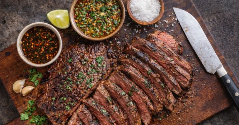 Skirt steak recipes with juicy grilled skirt steak sliced and served with chimichurri sauce