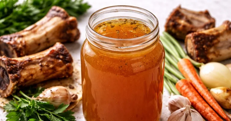 Rich homemade beef bone broth in a glass jar with fresh herbs