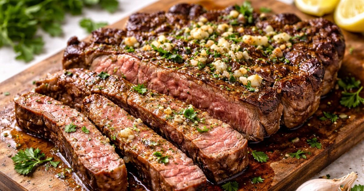 Juicy sliced beef chuck steak recipes served with garlic butter and fresh herbs