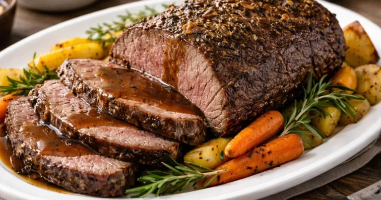 beef round rump roast sliced and served with vegetables, juicy and tender oven roasted beef