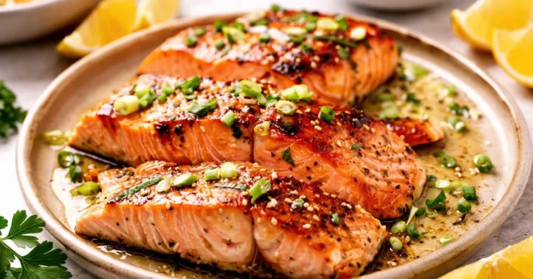 Golden broiled salmon fillet with lemon slices and fresh parsley