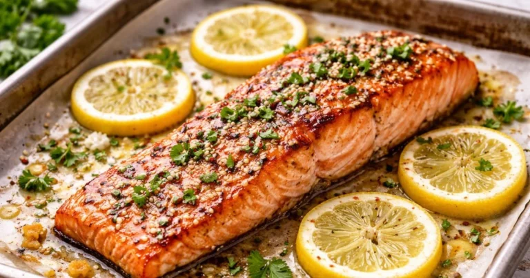 Juicy broiled salmon fillet with lemon slices and fresh herbs