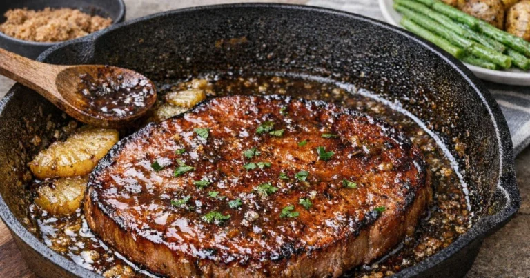Glazed ham steak recipe cooked in skillet with brown sugar and mustard glaze