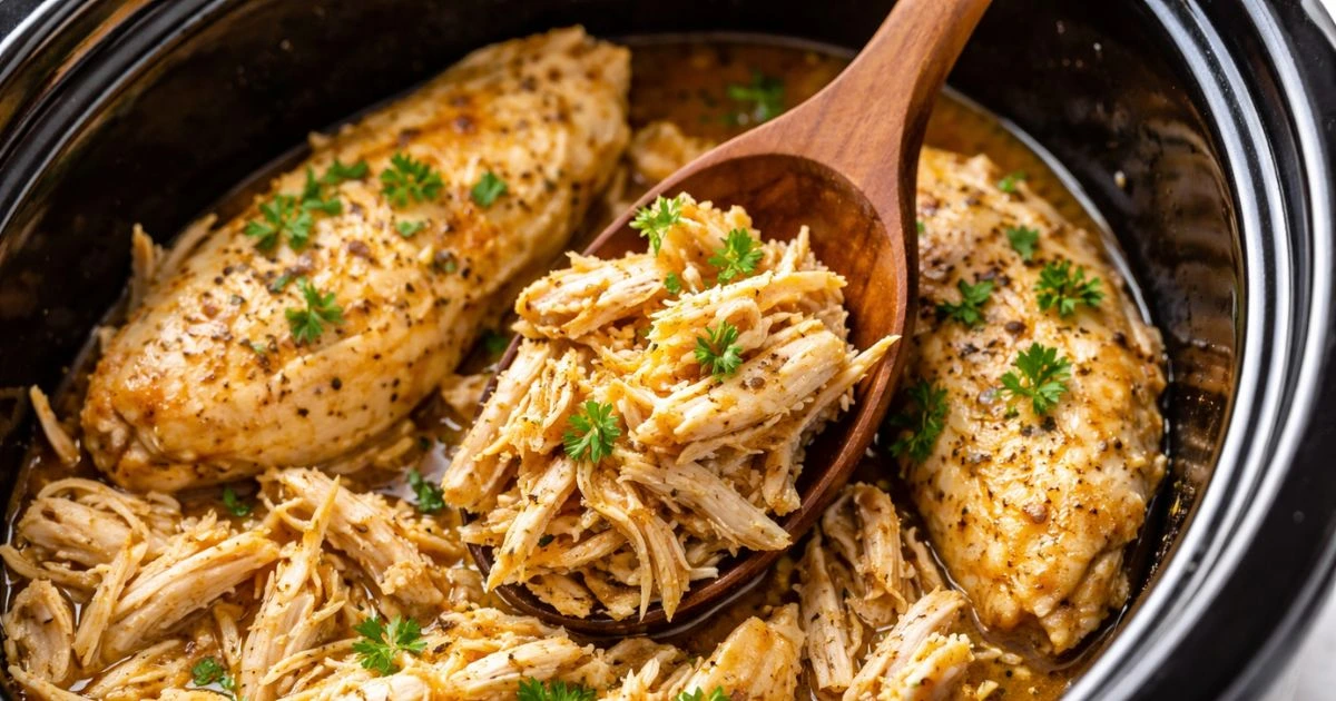 Close-up of shredded chicken showing how to cook chicken in crock pot with juicy tender texture