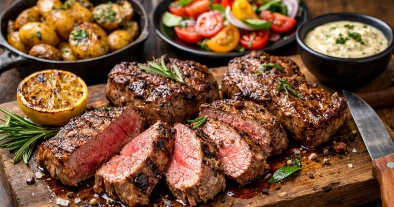 Juicy lamb loin steaks cooked medium rare with garlic butter and fresh herbs on a white plate