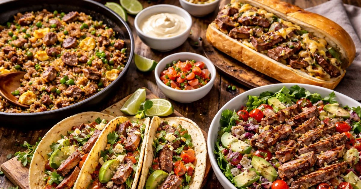 Delicious leftover steak tacos and fried rice served on a wooden table with fresh herbs