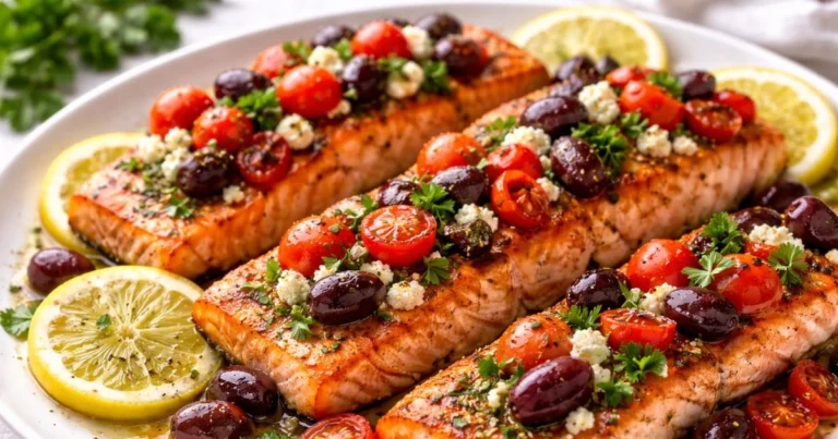 Mediterranean salmon with cherry tomatoes, olives, lemon, and fresh herbs
