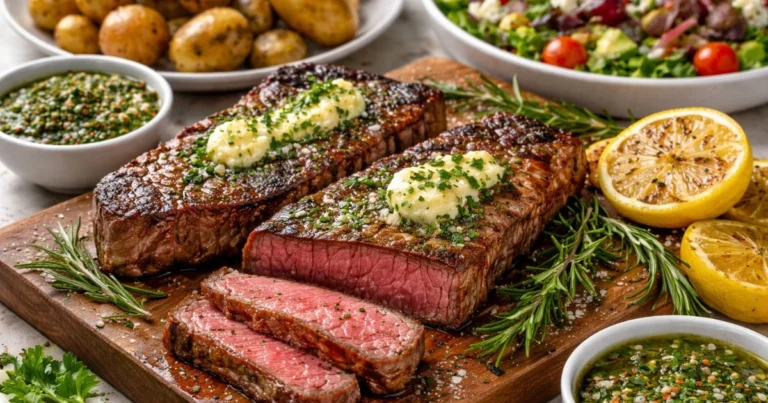 Juicy New York cut steak cooked medium rare with garlic butter and fresh rosemary on a wooden board