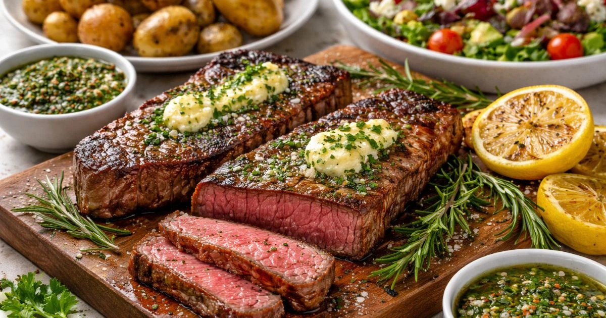 Juicy New York cut steak cooked medium rare with garlic butter and fresh rosemary on a wooden board