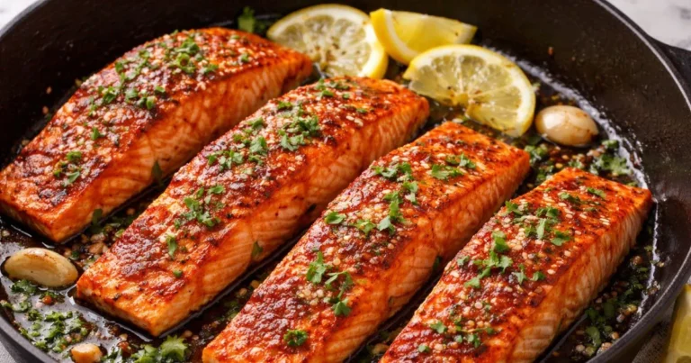 pan seared salmon recipe with crispy golden skin cooked in a skillet
