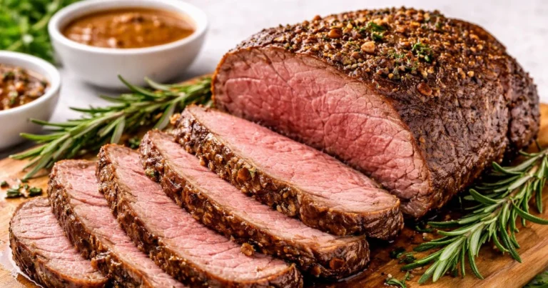 Sliced beef round rump roast with herb crust on a wooden cutting board