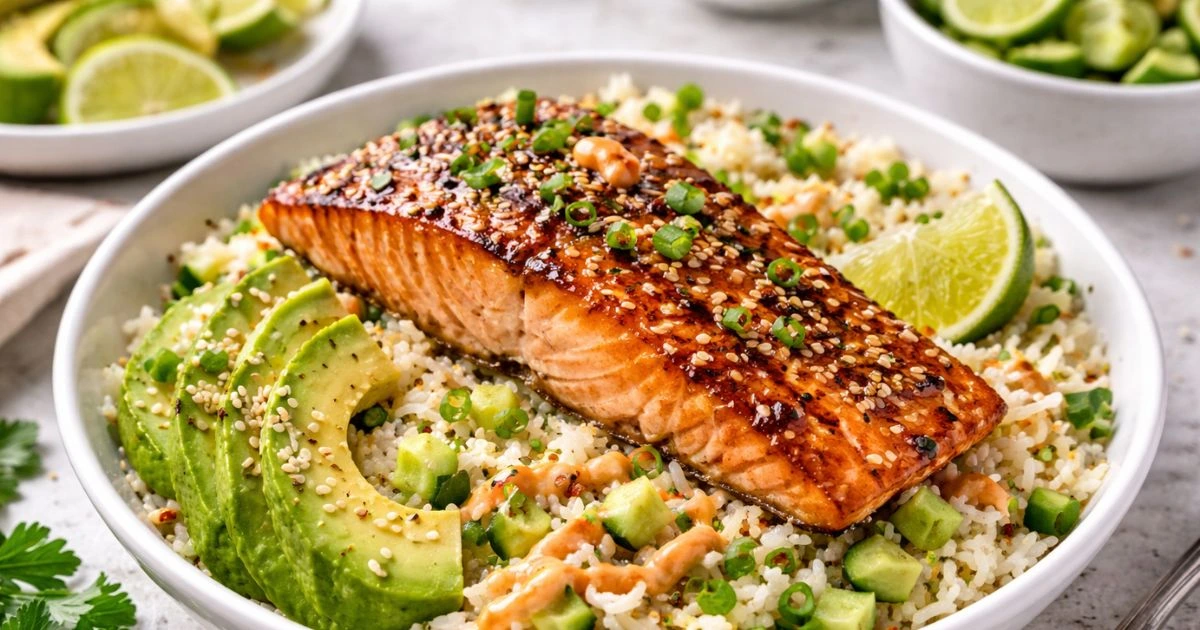 Pan seared salmon served over fluffy rice with avocado and fresh herbs
