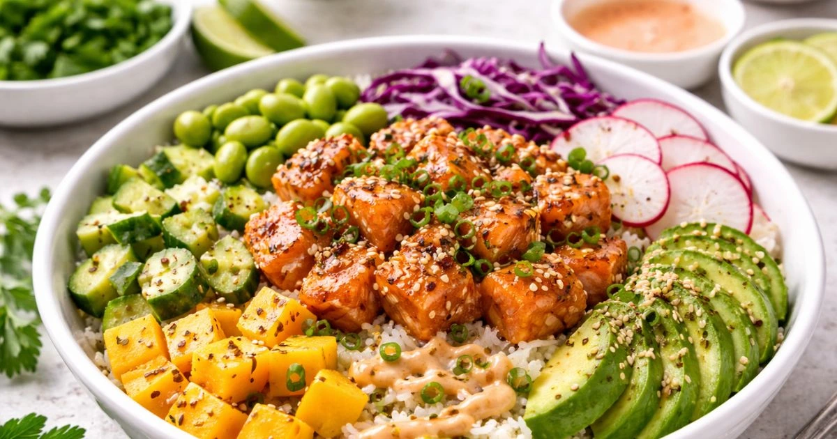 Fresh salmon poke bowl with rice, avocado, mango, cucumber, and sesame seeds