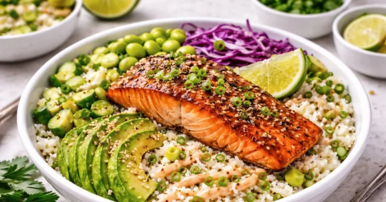 Pan seared salmon served over rice with avocado, cucumber, and sesame seeds