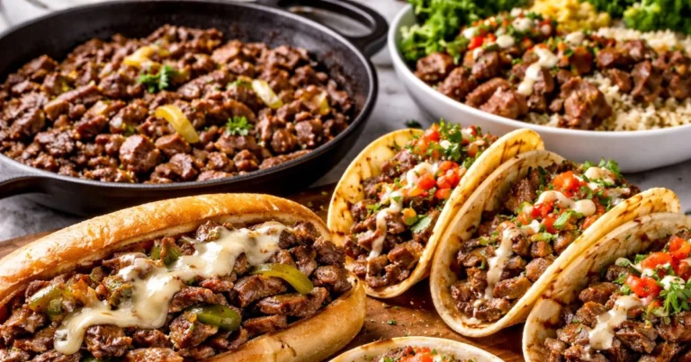 Juicy shaved steak cooked in a skillet and served in tacos and sandwiches with melted cheese