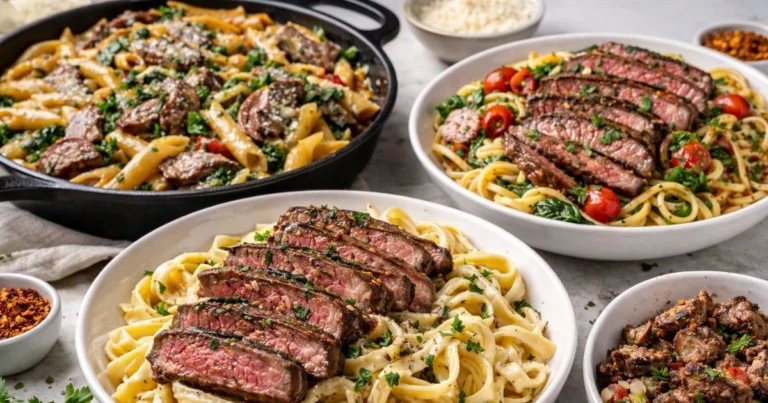 Medium rare sliced steak served over creamy pasta with fresh herbs and parmesan cheese
