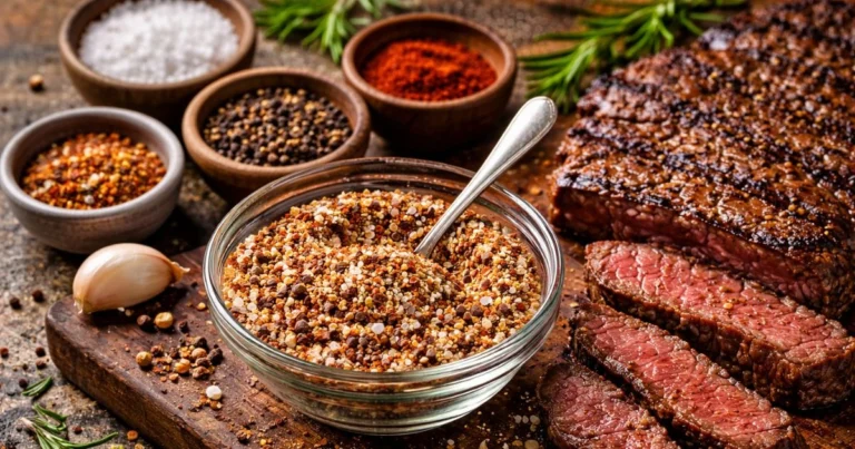 Steak seasoning recipe with homemade spice blend and grilled steak ready for cooking