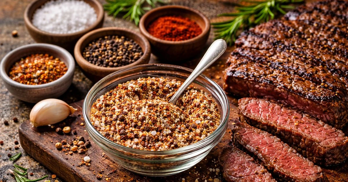 Steak seasoning recipe with homemade spice blend and grilled steak ready for cooking
