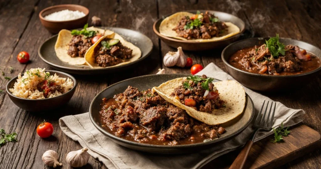 Skillet of easy beef recipes with ground beef, garlic, and herbs over rice