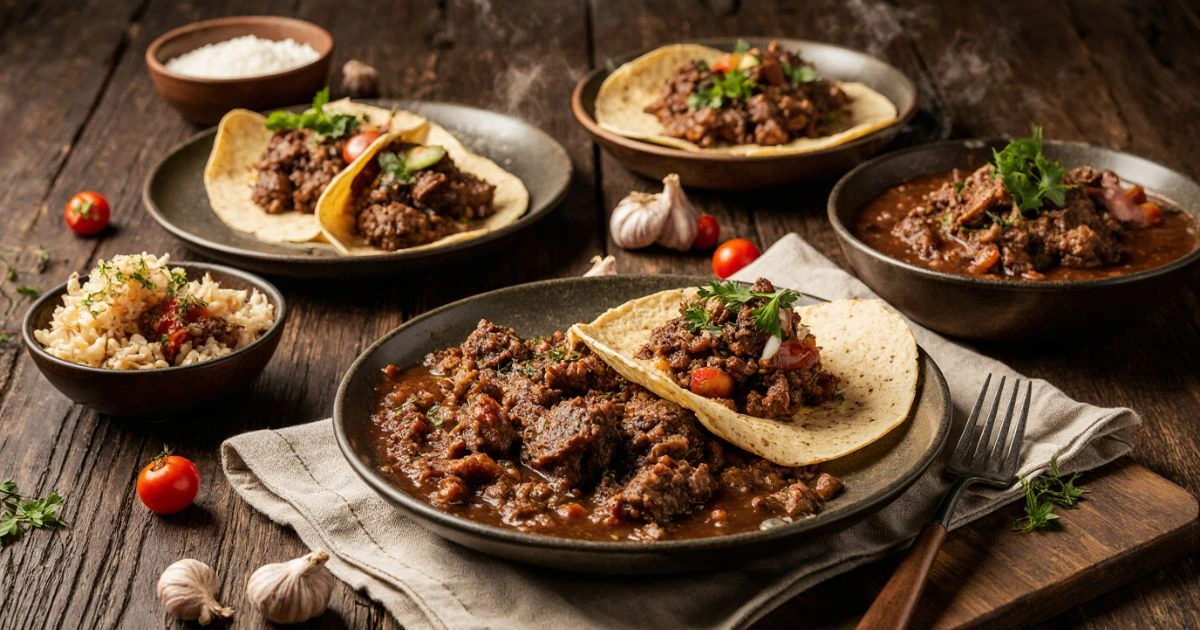 Skillet of easy beef recipes with ground beef, garlic, and herbs over rice