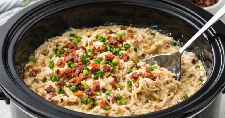 Creamy crack chicken crock pot served hot with shredded chicken, cheese, and crispy bacon in a slow cooker meal setting