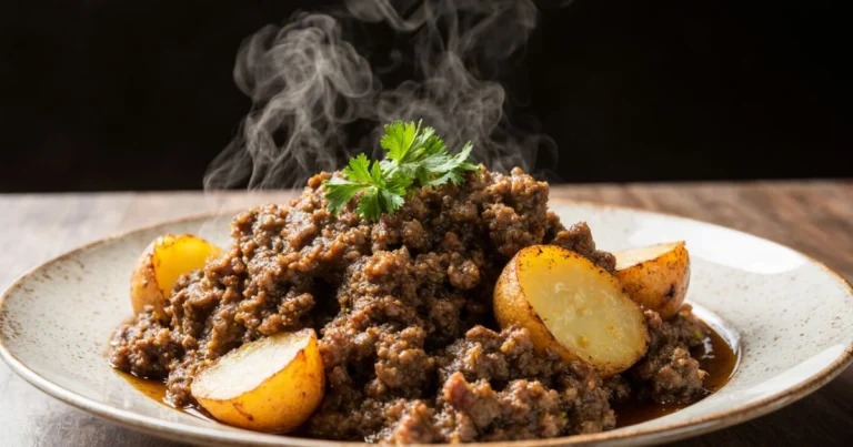 Hearty ground beef and potato recipes served in a rustic skillet with seasoned beef, tender potatoes, and fresh herbs