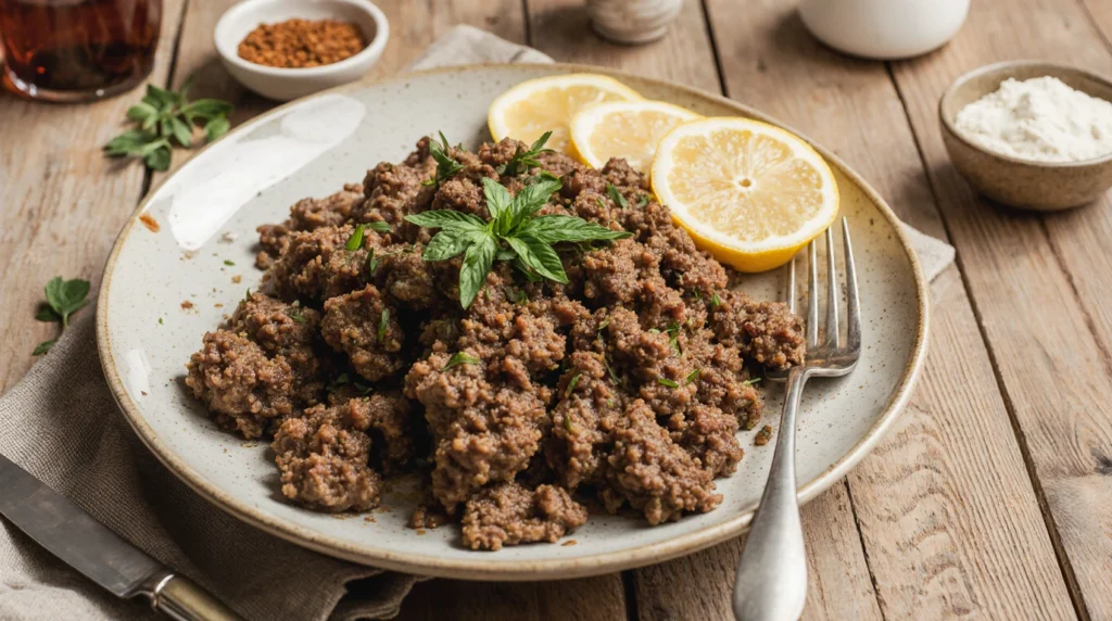 Plate of ground beef dinner ideas with seasoned beef, vegetables, and rice