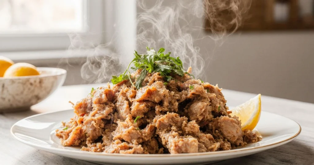 Simple how to cook chicken to shred method showing tender cooked chicken breast being pulled apart with two forks