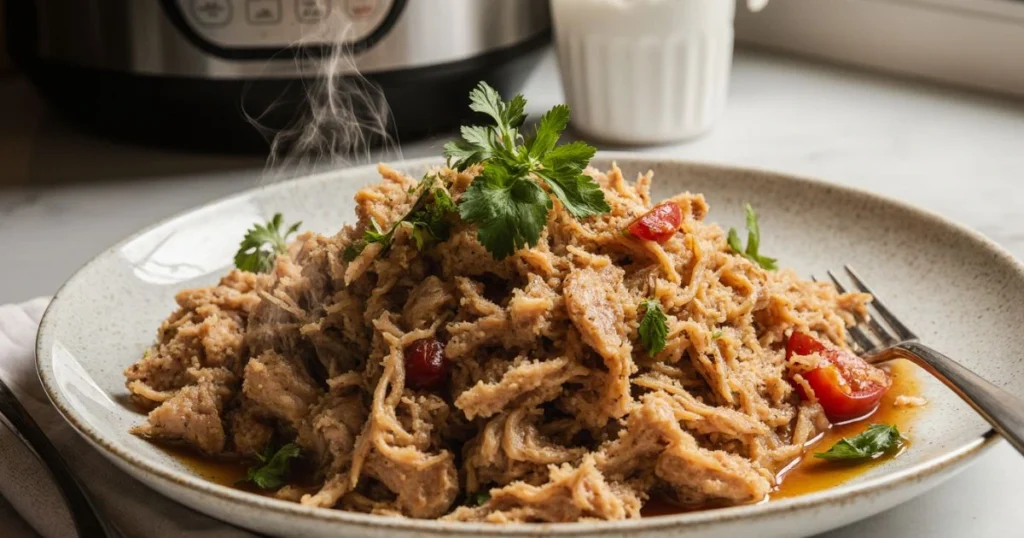 Tender instant pot shredded chicken served juicy and flavorful in a bowl with herbs for an easy meal prep recipe