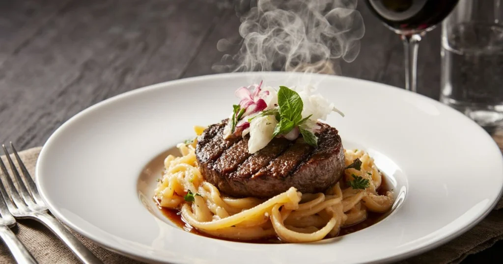 Delicious steak and pasta recipes served in a bowl with sliced steak, creamy pasta, and fresh herbs on top